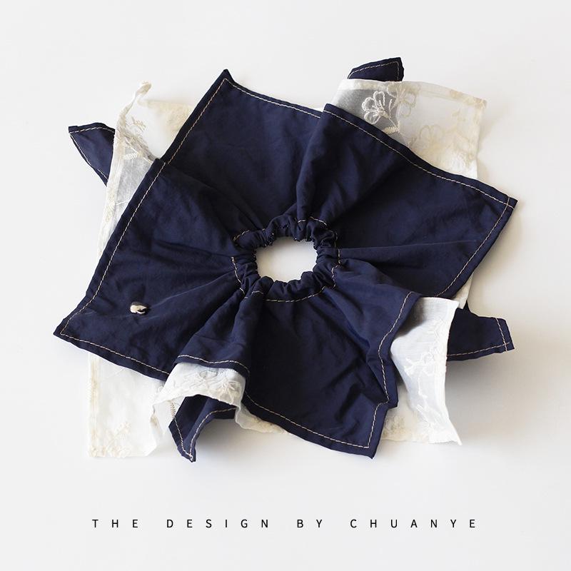 Korean Style Deep Blue Square Scarf Hair Tie - Elegant, Extra Large Accessory for Women