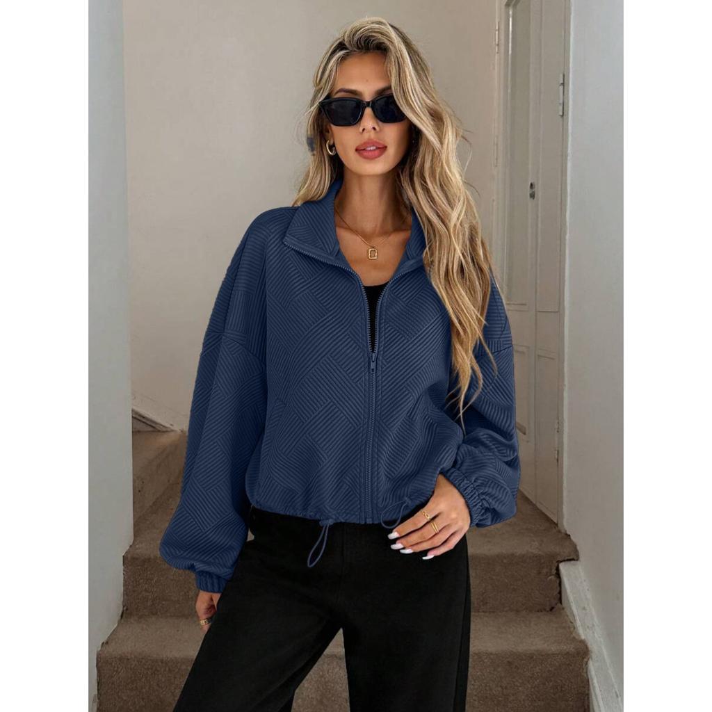 High Neck Zipper Jacket, Drawstring Hem, Pockets, Women's, Loose Fit, Baseball Jacket