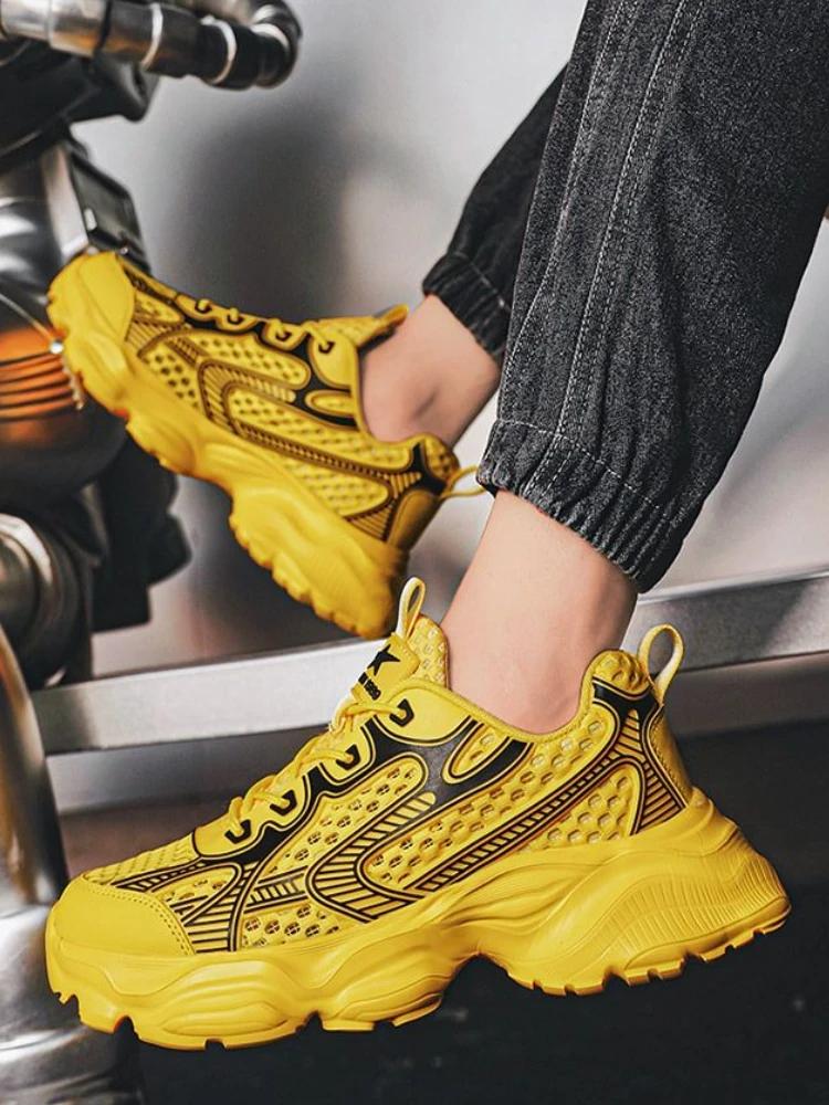 Fashion Yellow Male Sports Shoes Low-Top Mesh Upper Breathable Comfortable Athletic Light Walking On Sale Gym Jump Men's Casual Sneakers