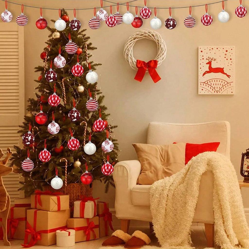 12Pcs Buffalo Plaid Glitter Christmas Ball Ornaments, Rustic Hanging Tree Decor for Xmas Party Supplies Holiday Decor