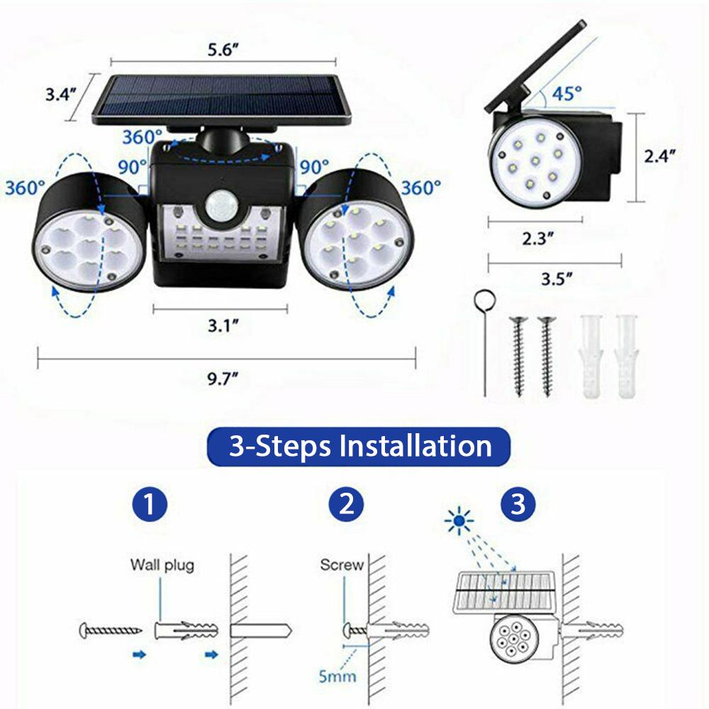 30 LED Solar Light Waterproof PIR Motion Sensor Wall Lamp Solar Powered Adjustable Angle Dual Head Garden Spotlight