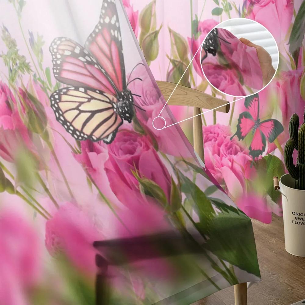 Flowers Butterfly Rose Tulle Translucent Drapes for Living Room Decoration Window Curtain ideal for Bedroom Kitchen Area Voile Organza Curtains
