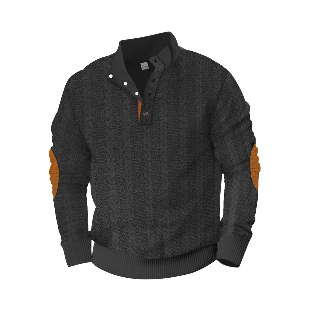 Trendiges neues Jacquard-Knopfleisten-Henley-Frühlings-/Herbst-Langarm-Patchwork-Stick-Herren-Sweatshirt