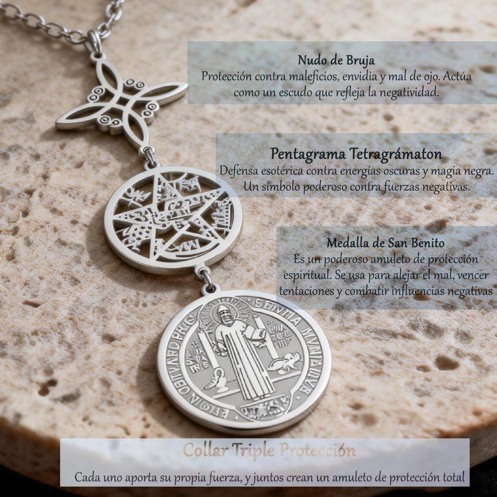 Náhrdelník trojité ochrany s čarodějnickým uzlem Pentagramem Tetragrammatonem Svatým. Benedikt nerezová ocel duchovní symbol amulet šperk