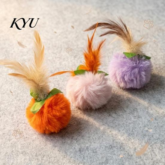 Engaging Cat Exercise Toys Furry Ball Toy with Feather, Interactive Pom Balls, Safe Plush for Adult Cats Soft Kitten Chasing Indoor Entertainment Pet