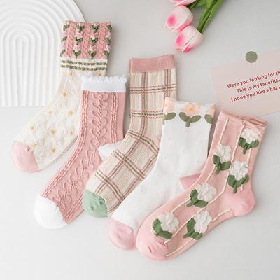 Autumn 3D Flower Plaid Mid-Calf Socks - Pink & Versatile Fashion