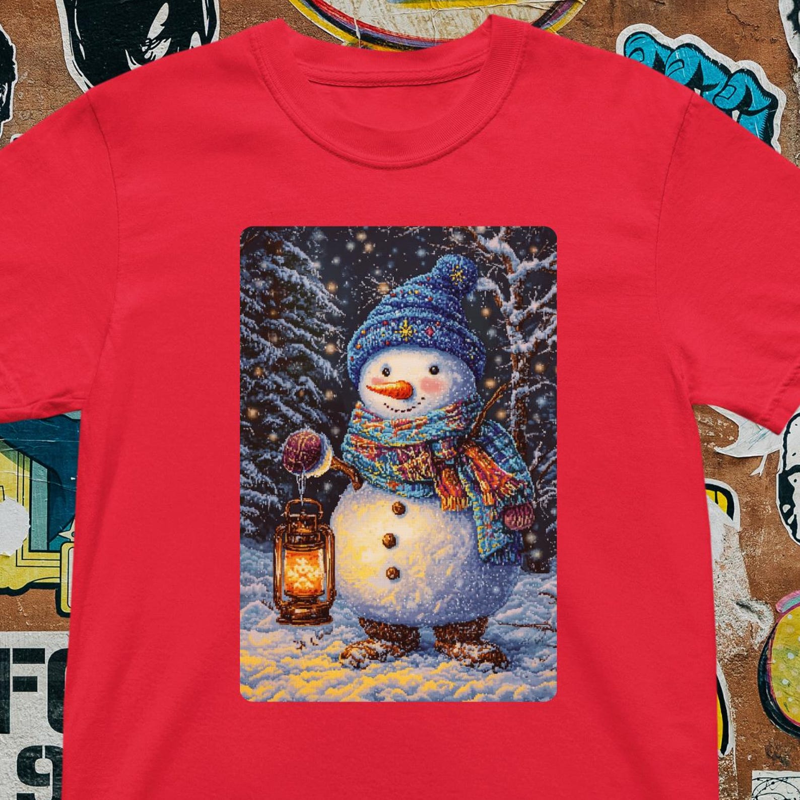 Vintage Snowman Christmas T-Shirt – Winter Lantern Graphic Tee 4XL