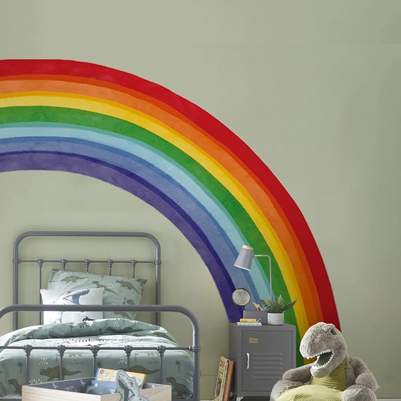 Fabric Large Rainbow Wall Decals Peel and Stick, Precut Original Hand Drawn Colorful Vigor Watercolor Full Rainbow Wall Sticker Decor for Kids