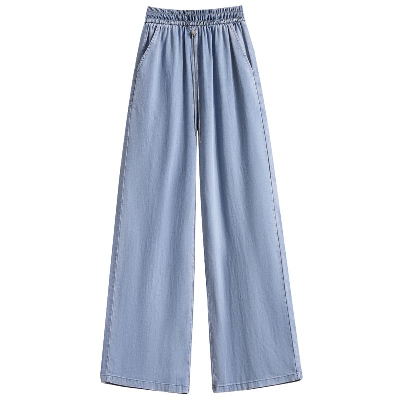 Plus size European and American Elastic High Waist Tencel Thin Narrow Wide Leg Straight Ice Silk Mop Denim Trousers Women M-4XL