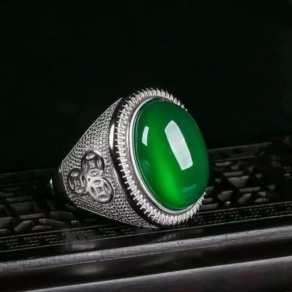 Men s Silver-Plated Adjustable Green Agate Ring Adjustable Opening