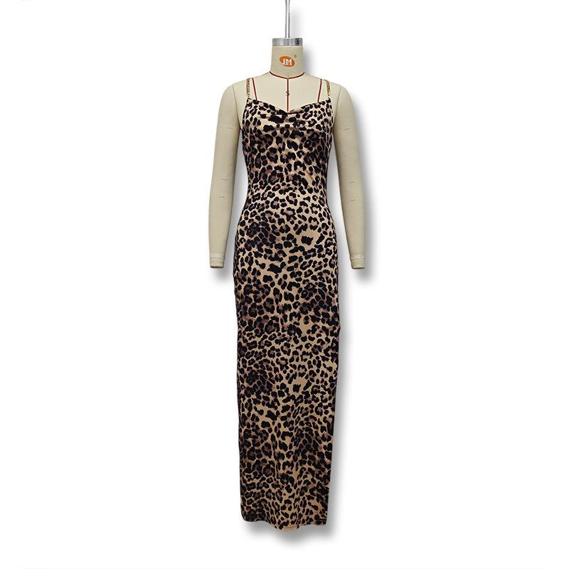 European and American autumn new chain sexy halter suspender skirt irregular high split fashion leopard print dress