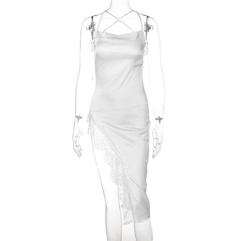

European and American Sexy Slim Fit Backless Split Sling Long Dress Sexy Strap Split Midi Dress White S
