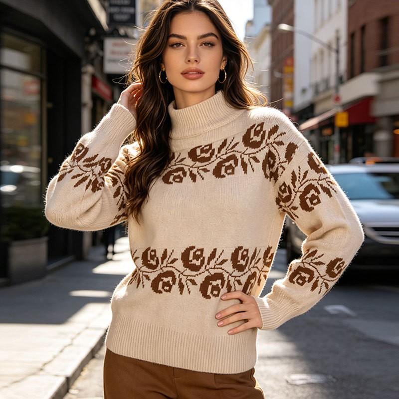 Womens Oversized Knit Sweater With Floral Embroidery Semi-Turtleneck Long Sleeve Casual Top