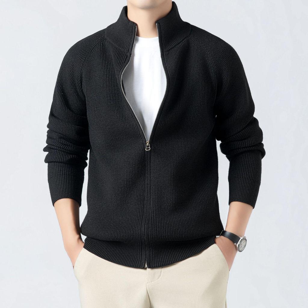 2025 Autumn/Winter Men's Stand-Up Collar Knitted Cardigan: Fashionable, Versatile Solid Color Sweater with Long Zipper.