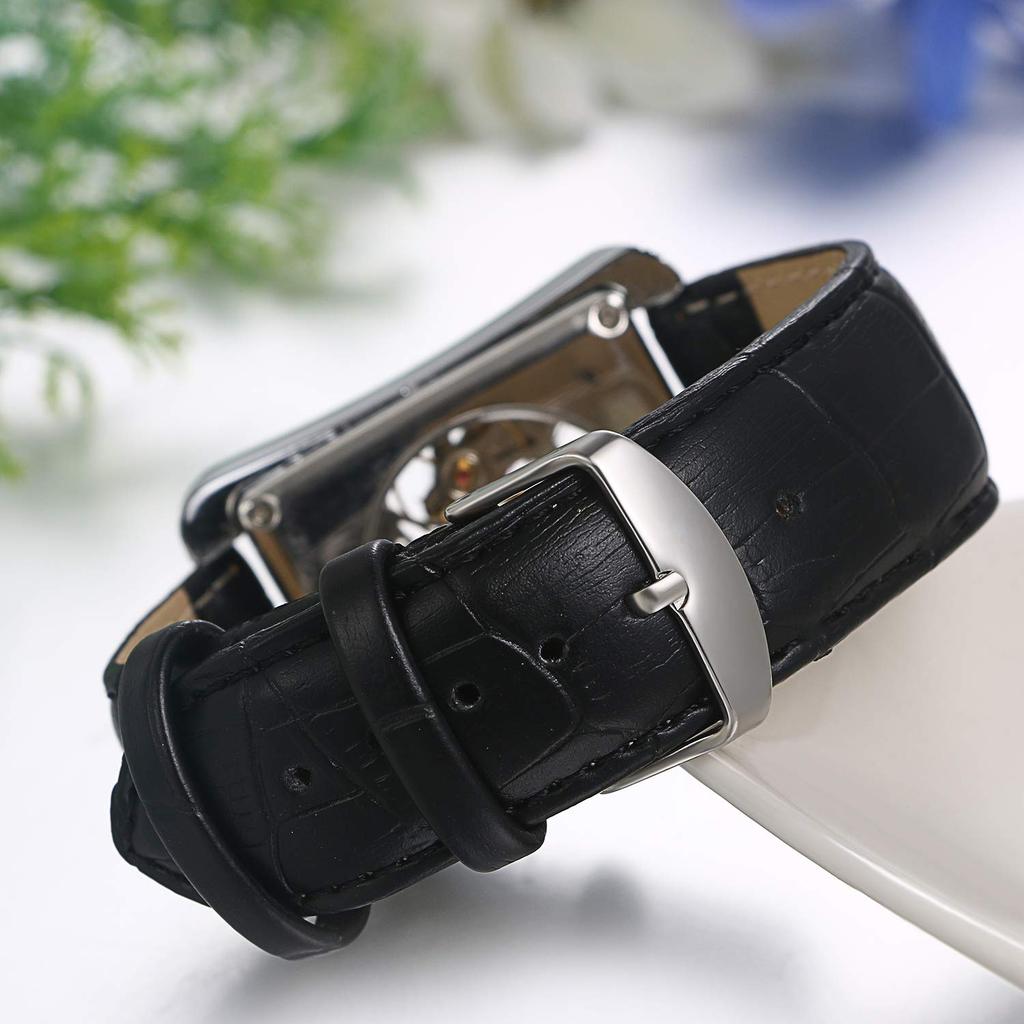 JEWELRYWE Quadratische Uhr Herren Lederarmband Wasserdicht Mode Automatisch Analog Beliebt Herren Accessoires Silber Schwarz