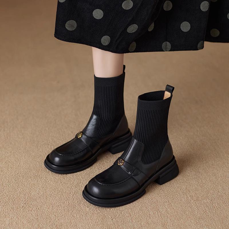 British Style Thin Boots Women's 2025 Autumn and Winter New Knitted Elastic Socks Boots Flat Short Boots Academy Style Loafers