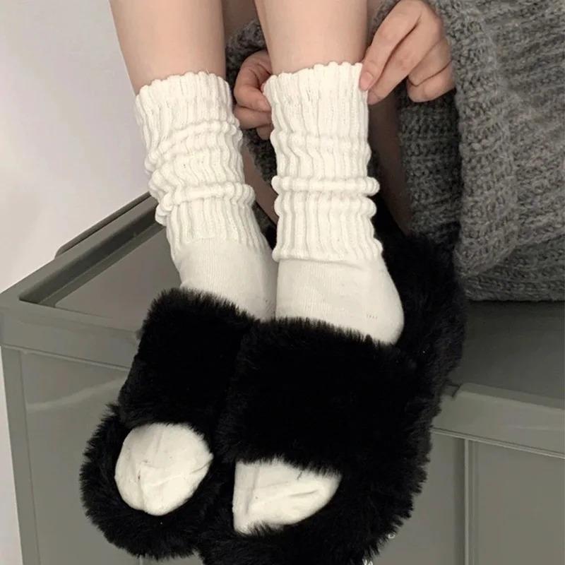 Women Knitted Long Socks Girls Casual Black White Solid Loose Crochet High Tube Lolita Cotton Boot Cuffs Ruffles Socks
