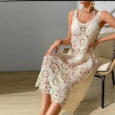 Retro Hook Flower Hollow Top Dress for Women Summer New Design Loose and Layered Temperament Knitted Vest Soild Sleeveless Casual