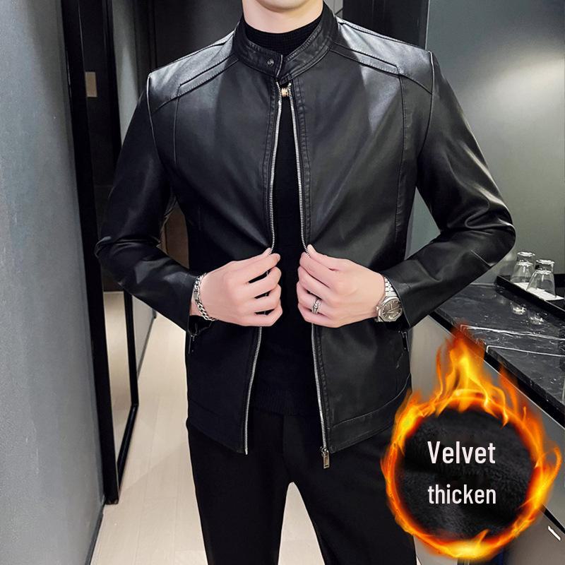 

2023 Autumn Men s Plus Velvet Thick Leather Jacket 1XL чёрный