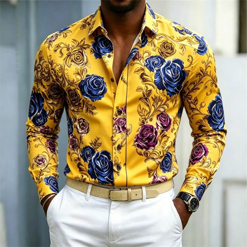 2026 Men's Shirt French Retro Blue Purple Gold Rose Flower Shirt White Background Pattern Slim Fit Long Sleeved Shirt XS-6XL