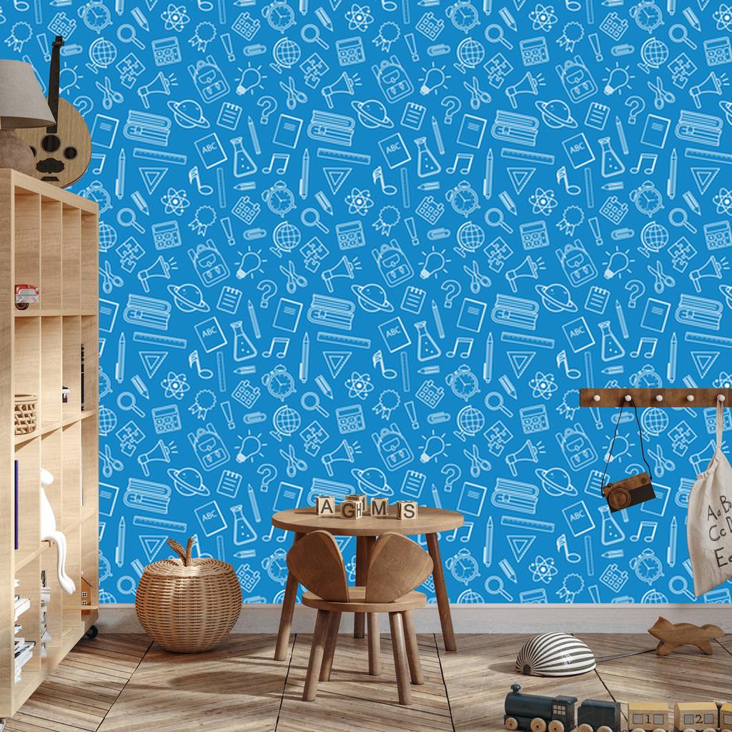 Wallpaper School Supplies Blue, Clear Detail 50x1000