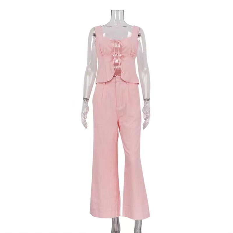 

Fashion Sexy Lace-up Vest Tops High Waist Loose Pants Suit Lace up Vest and Pants Set Pink S