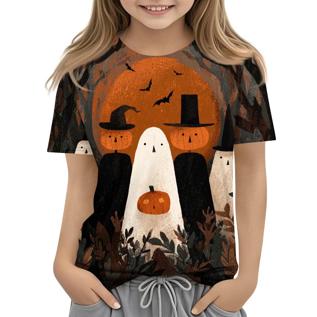 Kids Halloween Short Sleeve Shirt Ghost Skeleton Pumpkin Print Boys Girls Tee Casual Comfortable Fit Lightweight Fabric