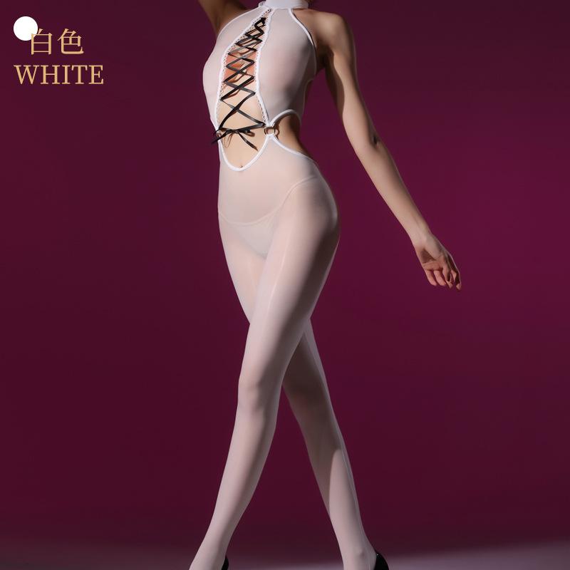 Qing Homer Oil Onesie Oily Sexy Black Stockings Sexy Cross Strap Seduction Crotch Drill Chain Uniform Underwear