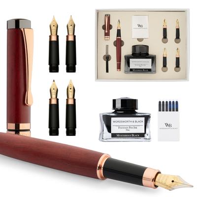 Wordsworth Black Fountain Pen Gift Ink 6 Ink Ink and 4 Replacement Premium Smooth Writing & Set, Bottle, Cartridges, Converter, Nibs, Bamboo,