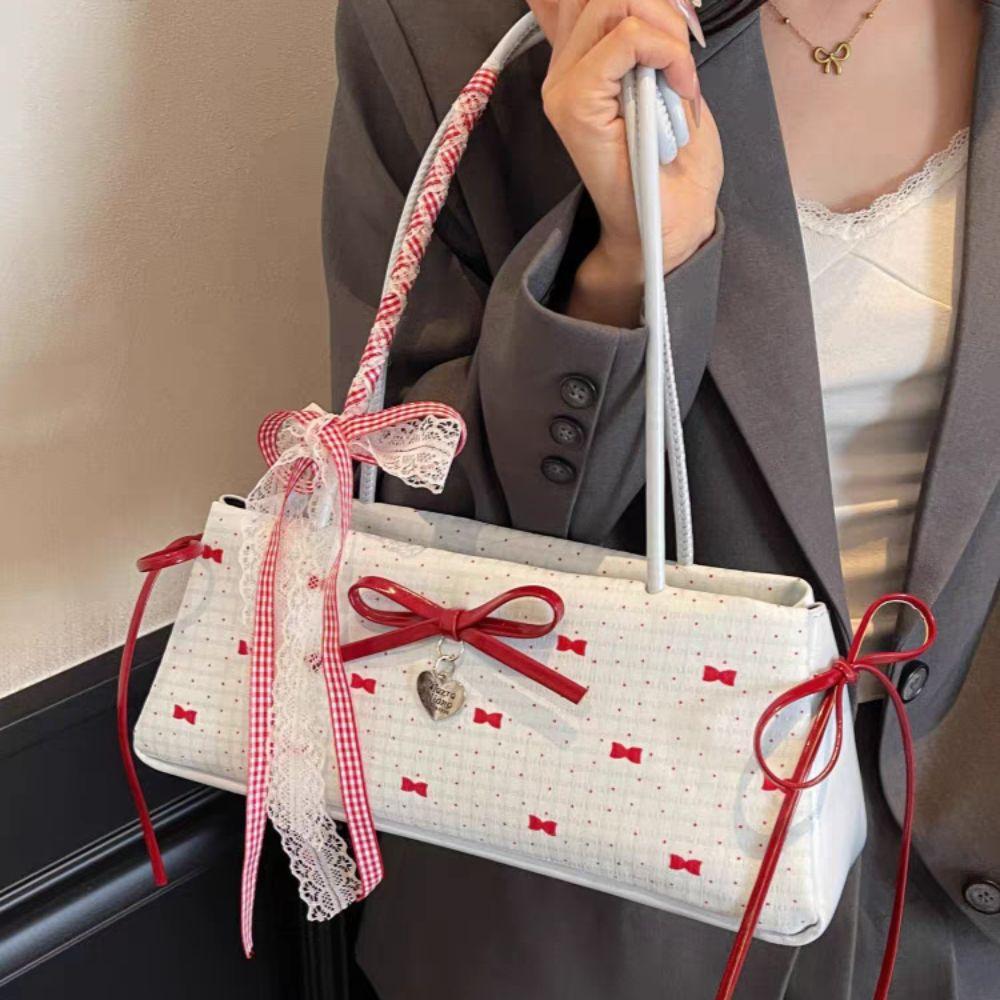 Ribbon Bow Lace Shoulder Bag Sweet Y2K Underarm Bag Portable Armpit Bag  School