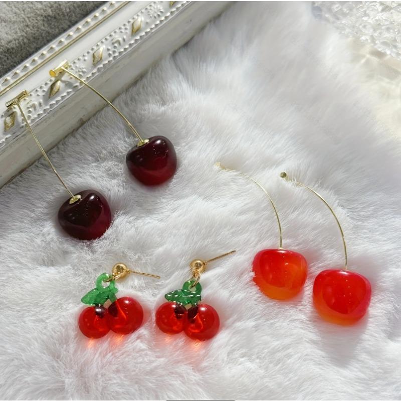 New Cute Simulation Red Cherry Earrings for Women Girl Sweet Resin Hot Sale Earring Student Fruit Fashion Zircon Gift