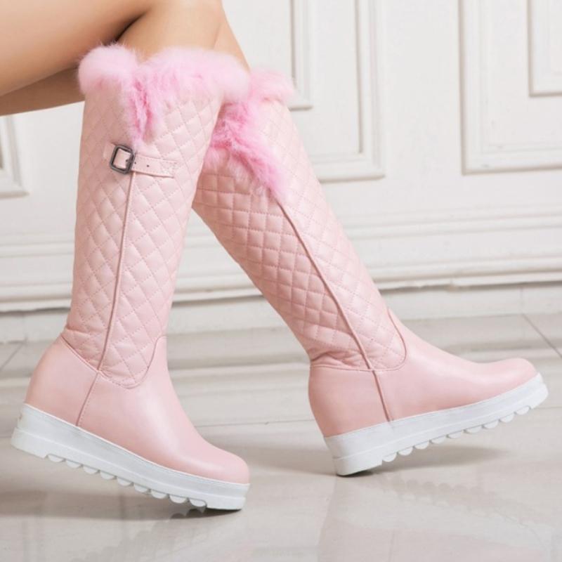 

Женские зимние ботфорты 2024 Черные Белые Розовые Теплые Меховые Плюшевые Снежные Сапоги Молния Танкетка Модная Длинная Обувь Девочки Водонепроницаемые 39 розовый