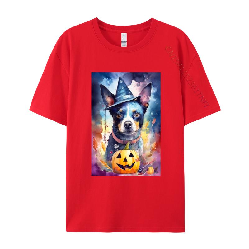 Halloween Blue Heeler With Pumpkins Dog T Shirt New Coming Cotton Adult T Shirt Slim Fit Fitted Round Neck TShirt