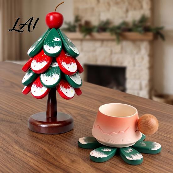 Foldable Pot Holder Christmas Tree Wooden Trivets Durable Pine Wood Potholders with Storage Stand Space Saving Kitchen Decor Heat Resistant