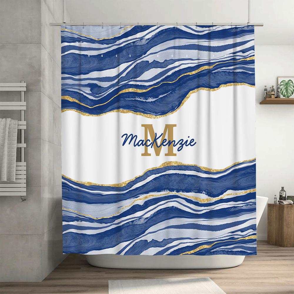 Personalized Shower Curtain Custom Name Design with Blue Gold Waves Modern Bathroom Decor for Girls Boys Easy Installation Showe