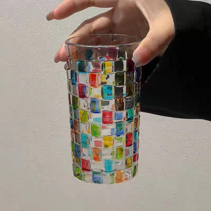 Hand-Painted Black & White Plaid Glass Cup for Beverages