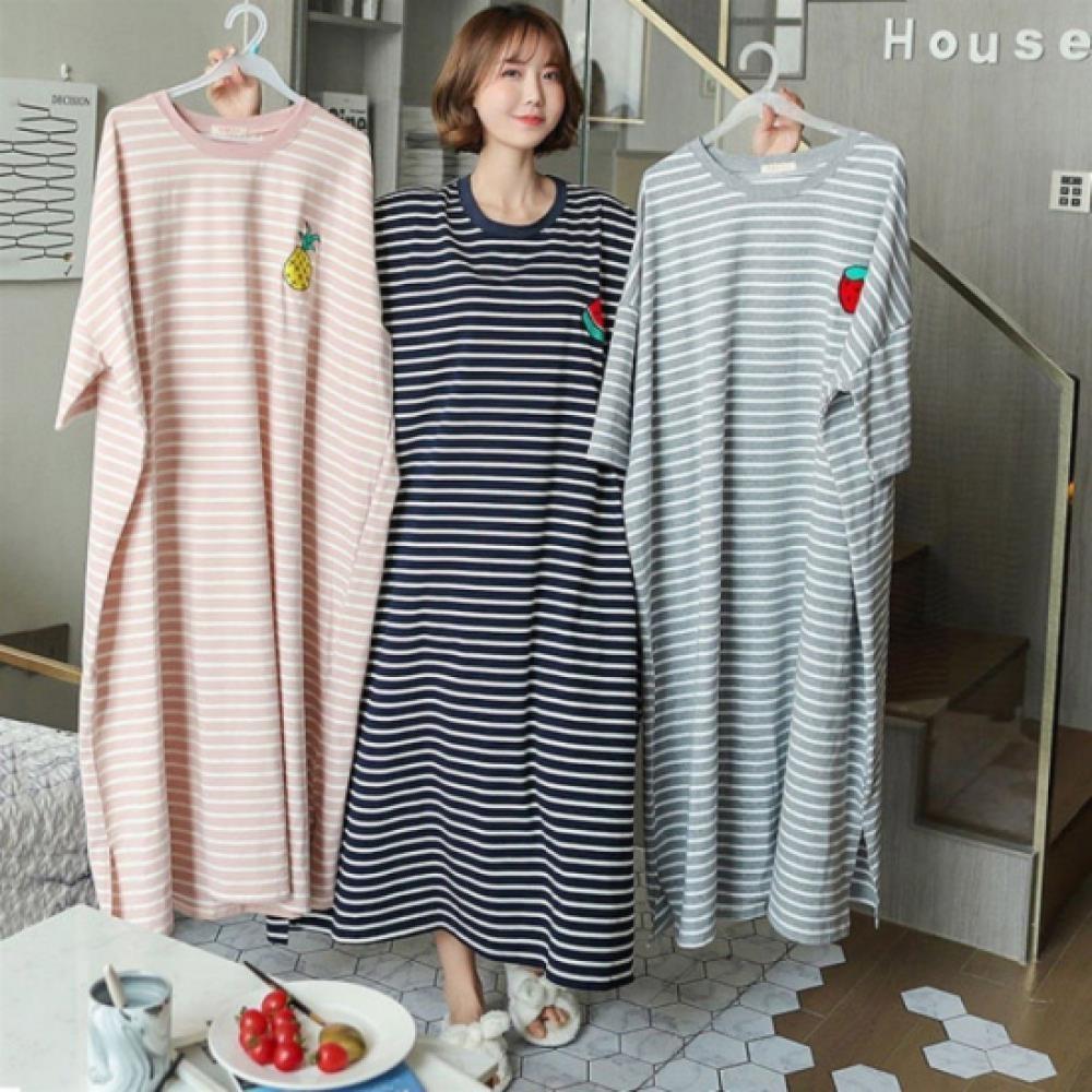 New Arrivals Open Run Women Loose Fit Stripe Long Pajamas Homewear Dress
