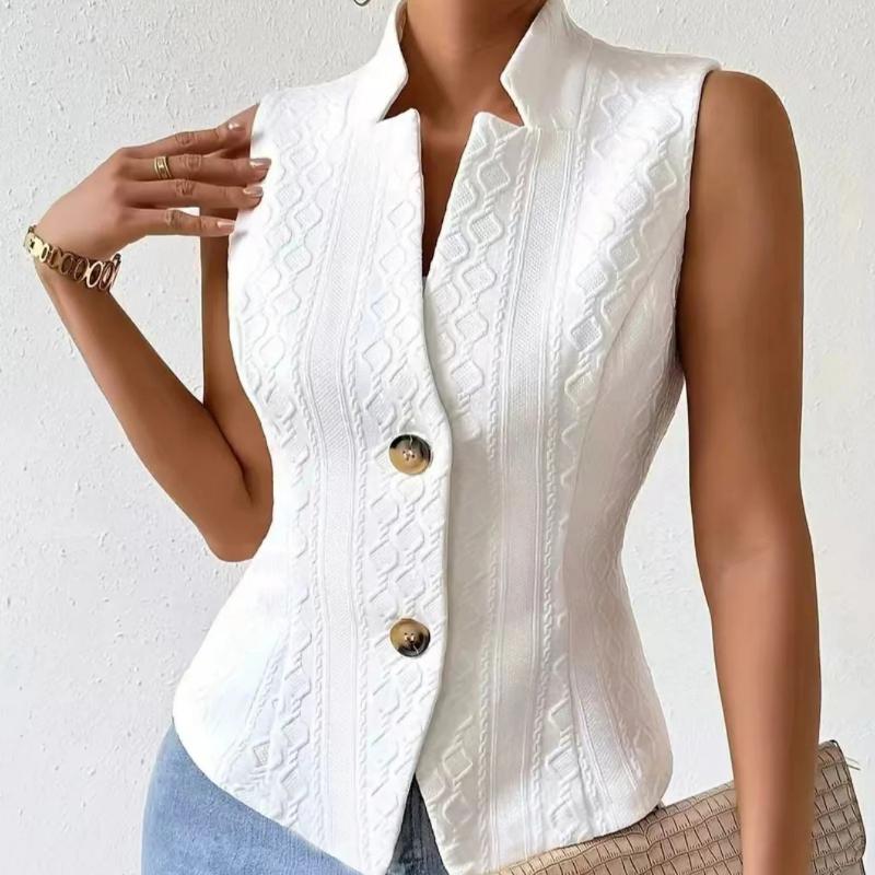 Women's Elegant V-Neck Sleeveless Blazer Vest Solid White Textured Button-Down Slim Fit Waistcoat Top