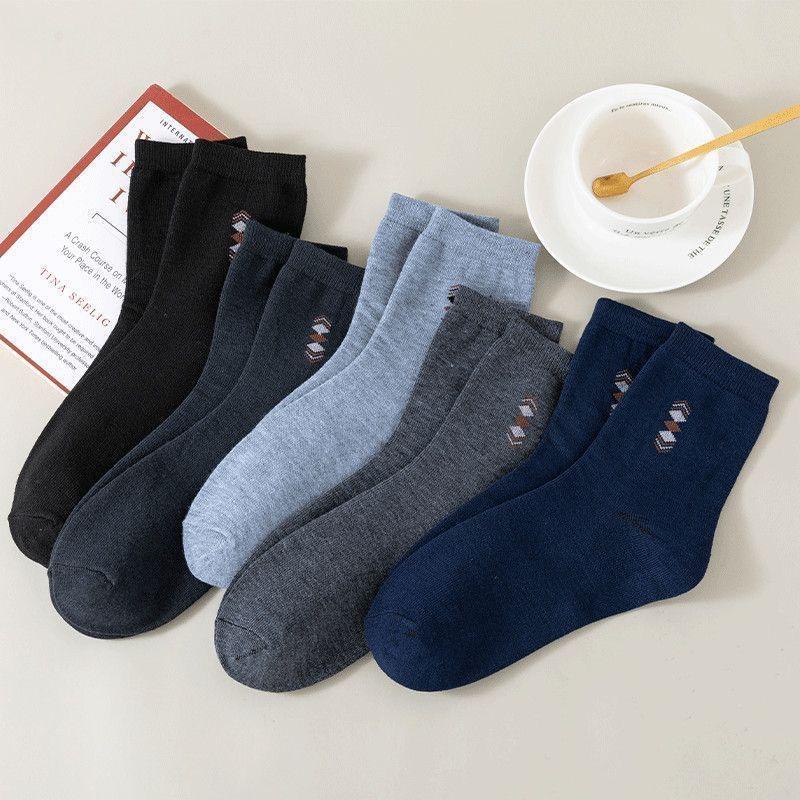 5Pairs/Men's Cotton Thick Socks Casual Business Breathable Deodorant Medium Tube Cotton Socks Elastic Antibacterial SocksEU38-45