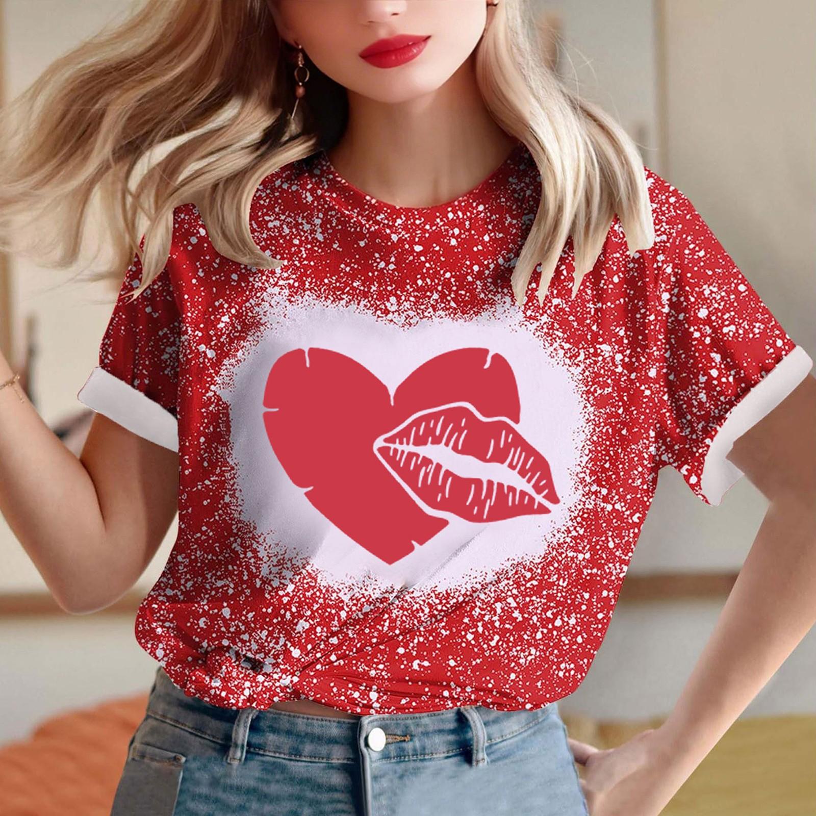 

Женская свободная футболка с круглым вырезом и принтом ко Дню святого Валентина с короткими рукавами XL арбуз красный