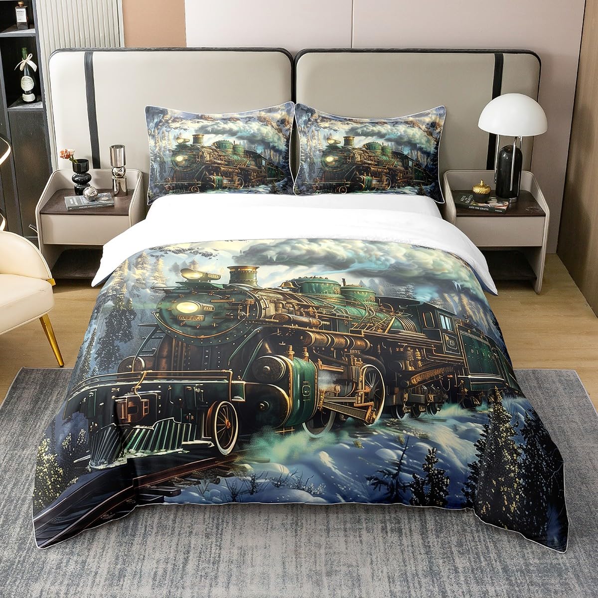 

Winter Snow Train Duvet Covers for Kids Teens Queen Size Lightweight Quilt Covers Train Railway Track Bedding Set No Comforter (135x200cm)