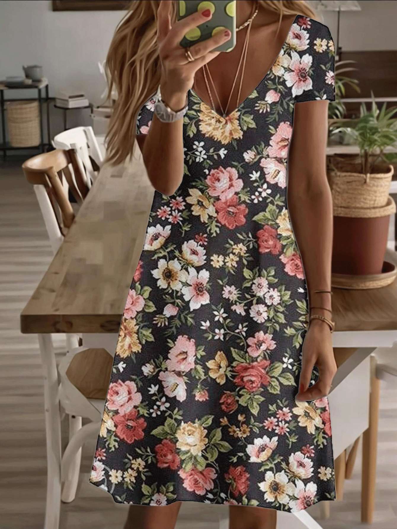 

Vneck shortsleeve midi dress vintage floral ladies dress rose garden print pattern 3D highquality printing durable soft fabric casual fashion elegant 8XL дубильная кора