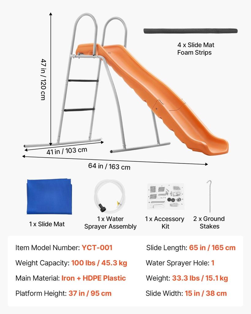 Water Slide, 165 Cm Outdoor Waterslide for Kids, Free Standing Pool Wave Slide with Ground Tarp, Built In Adjustable Sprinkler, Metal Plastic