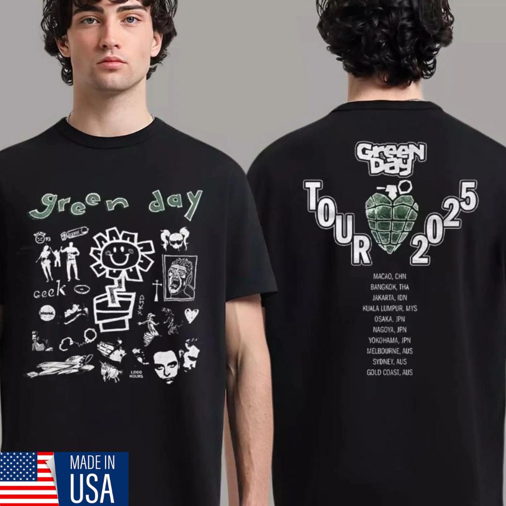 Trending 2025 Green Day Tour 2 Sides Black T-shirt Unisex Size S to 5XL