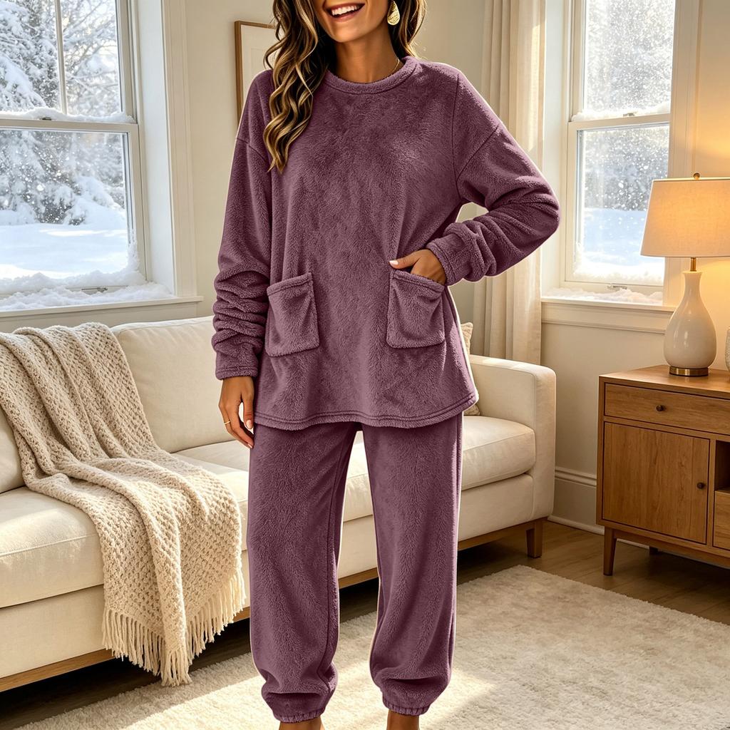 Women's Fashion Flannel Pajama Set Long Sleeve Top and Pants with Pockets Casual Warm 2 Piece Sleepwear