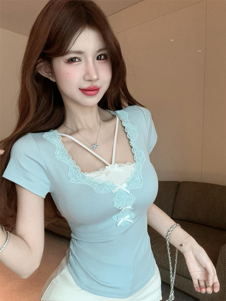 Sweet Spice Girl Fake Two Pieces Lace Neck Short Sleeve T-Shirt Women's Summer Pure Desire Square Neck Short Top Chic and Beautiful