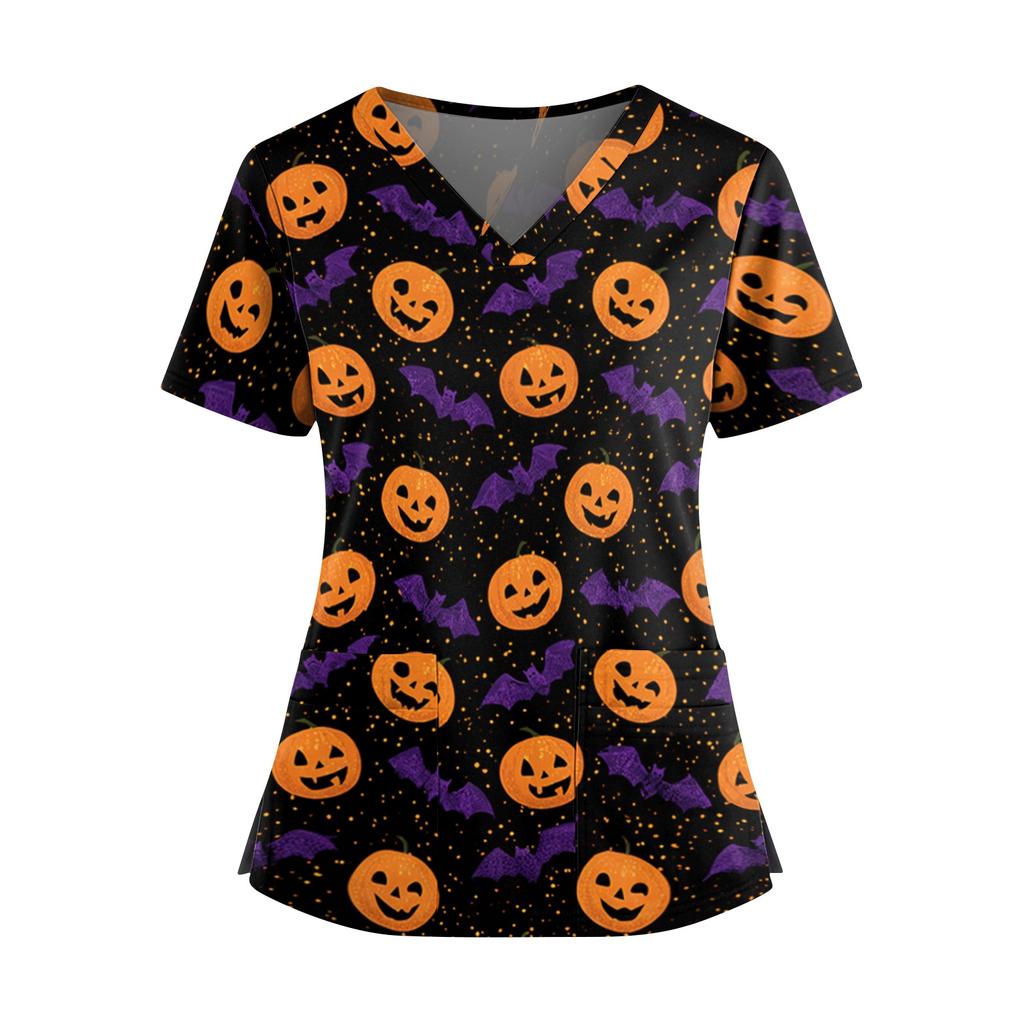 Women's V Neck Casual Halloween Print Top for Caregivers Short Sleeve Comfortable Fit Lightweight Fabric Workwear