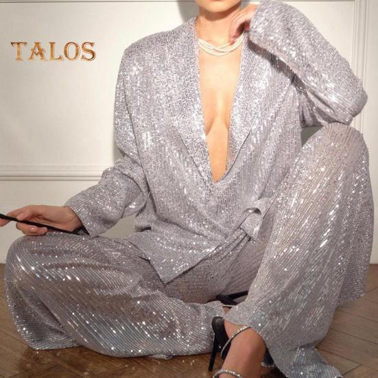 Cămașă cu paiete, pantaloni, cu rever, cu decolteu în V, cu mânecă lungă, haină de lungime mijlocie, cu picior lat, pantaloni supradimensionați pentru petreceri, ținută de celebrități de club