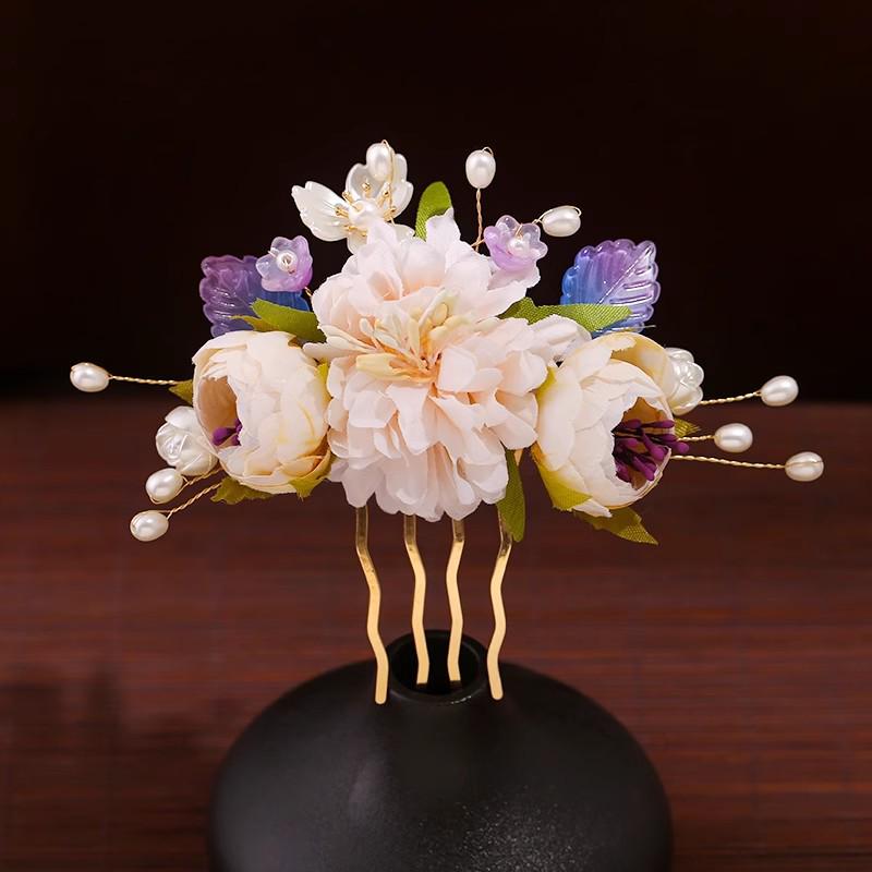 Damen Perlenblume Hanfu Haarnadel Kamm – Antiker Stil Hochsteckfrisur Accessoires