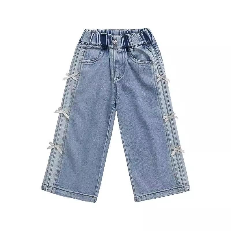 Baby Girls Bow Jeans Kids Spring Autumn Loose Long Pants Children's Straight Wide Leg Trousers Toddler Casual